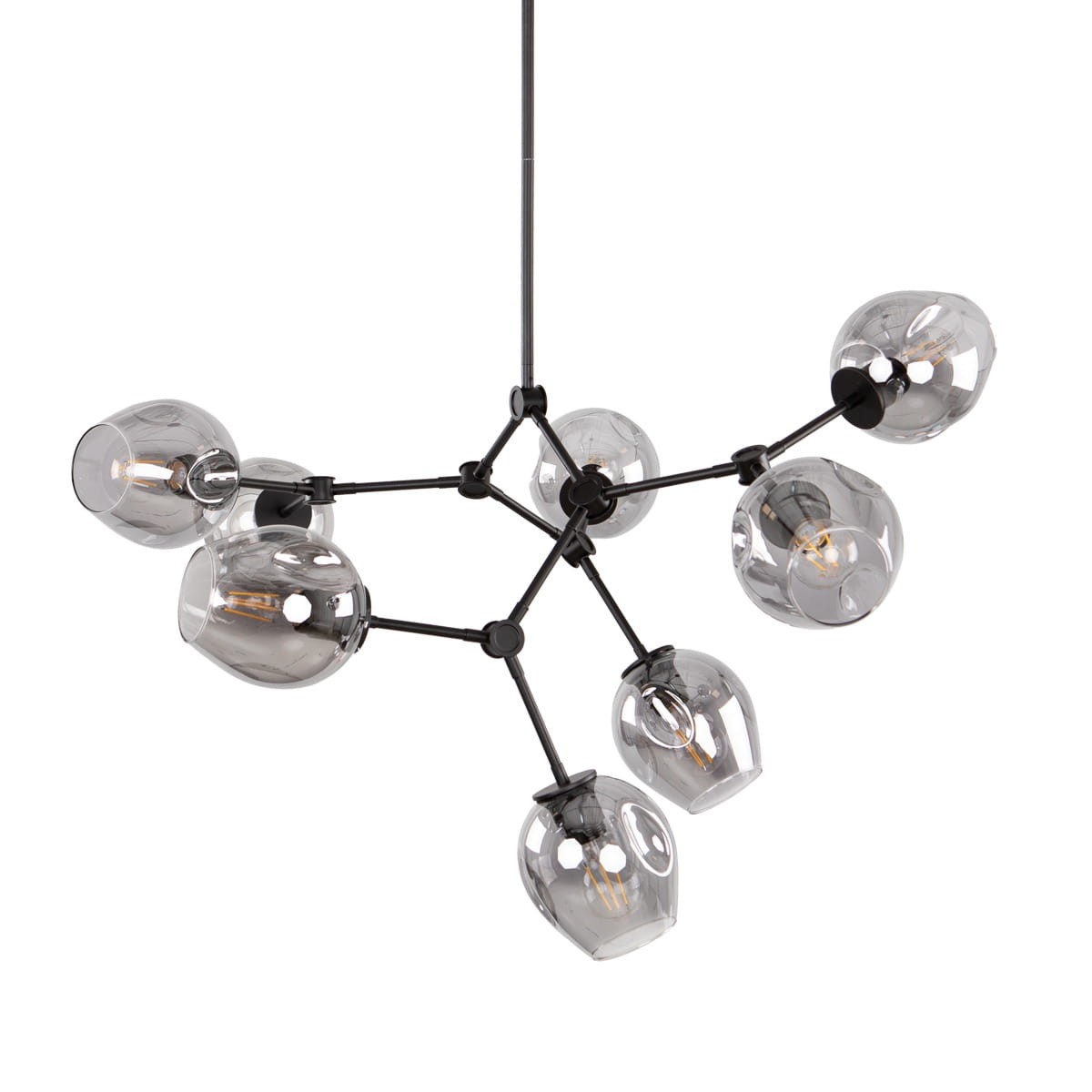 Lampa wisząca Ferral z 8 gniazdami E27, w kolorze czarnym z dymionymi szklanymi kloszami. Ułożona w nowoczesny sposób, z widocznymi żarówkami, zawieszona na cienkim przewodzie. Klosze mają okrągły kształt i są przezroczyste, co dodaje elegancji.