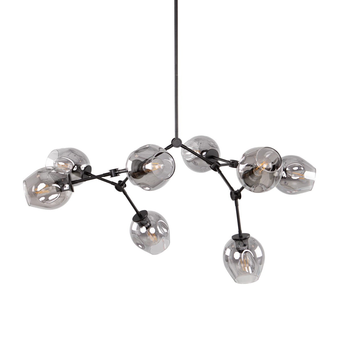 Lampa wisząca Ferral z ośmioma kloszami E27 w kolorze czarnym, z dymionego szkła. Ułożona w nowoczesny, asymetryczny sposób, z metalowymi elementami łączącymi. Klosze mają różne kształty, co nadaje lekkości i stylu.