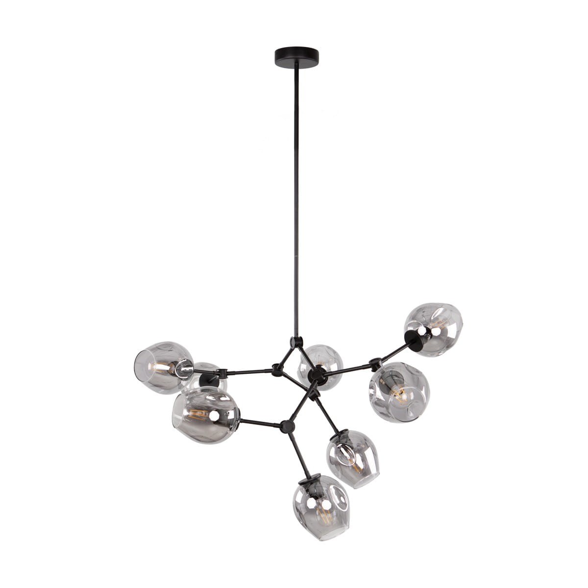 Lampa wisząca Ferral z ośmioma oprawami E27, w kolorze czarnym z dymionymi kloszami. Produkt zawieszony na cienkim, czarnym przewodzie, z nowoczesnym układem kloszy w różnych kierunkach. Tło proste, białe.