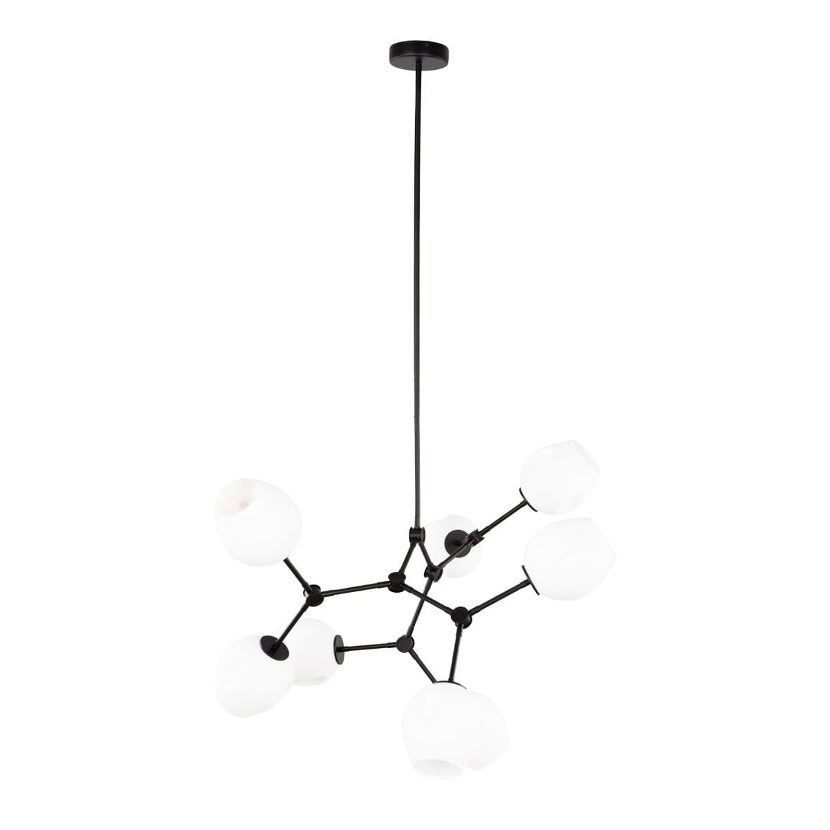 Lampa wisząca Ferral 8xE27 w kolorze czarnym z białymi kloszami. Konstrukcja o nowoczesnym designie z ośmioma źródłami światła, zawieszona na cienkim przewodzie. Klosze mają kształt lekko zaokrąglony. Idealna do nowoczesnych wnętrz.