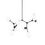 Czarna lampa wisząca Ferral z ośmioma oprawami E27, z białymi kloszami w kształcie półkul, zawieszona na cienkim, czarnym przewodzie. Elementy metalowe łączące klosze mają matowe wykończenie. Idealna do nowoczesnych wnętrz.