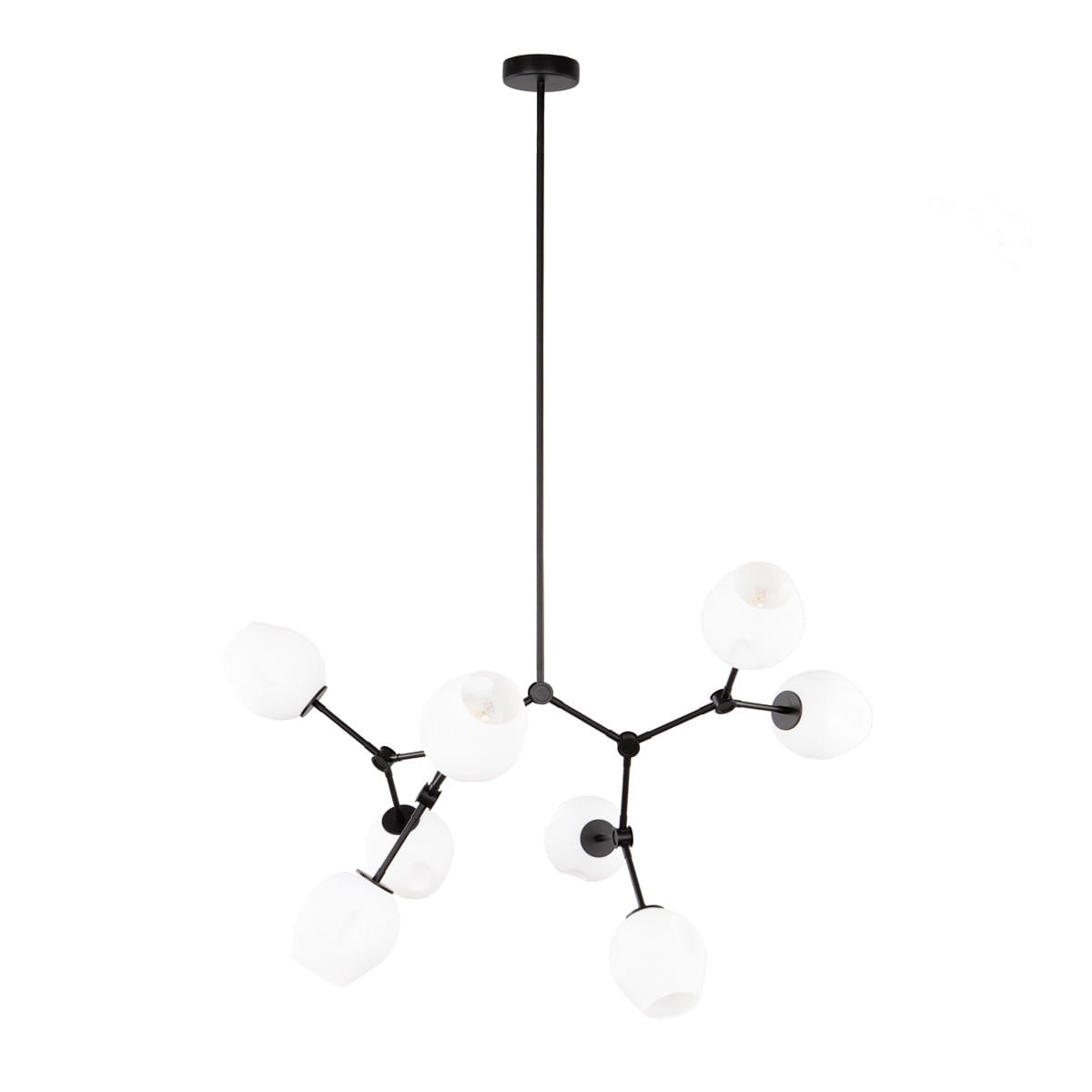 Lampa wisząca Ferral w kolorze czarnym z 8 kloszami w białym kolorze, zawieszona na długim przewodzie. Klosze o nieregularnym kształcie, umieszczone na elastycznych ramionach, tworzą nowoczesną kompozycję.
