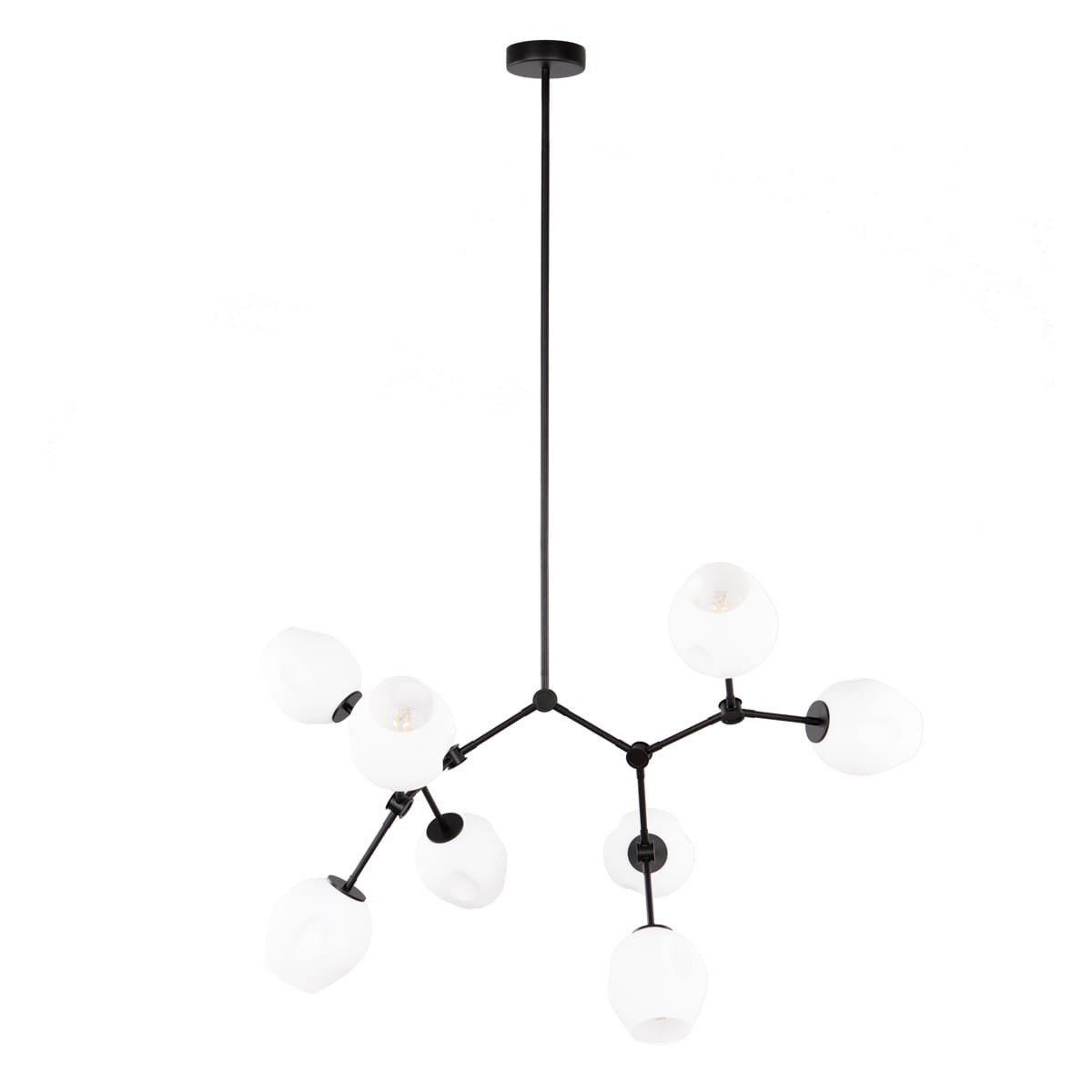 Lampa wisząca Ferral z ośmioma kloszami E27, czarna konstrukcja z metalowymi elementami, białe, matowe klosze o zaokrąglonym kształcie, zawieszona na długim przewodzie. Ujęcie frontalne, na białym tle.