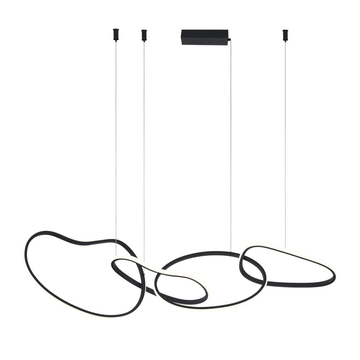 Lampa wisząca Fonte 4xLED 60W CCT w kolorze czarnym, o nowoczesnym, organicznym kształcie. Zawieszona na cienkich linkach, z prostokątnym mocowaniem sufitowym, z elementami podświetlenia w kolorze białym.