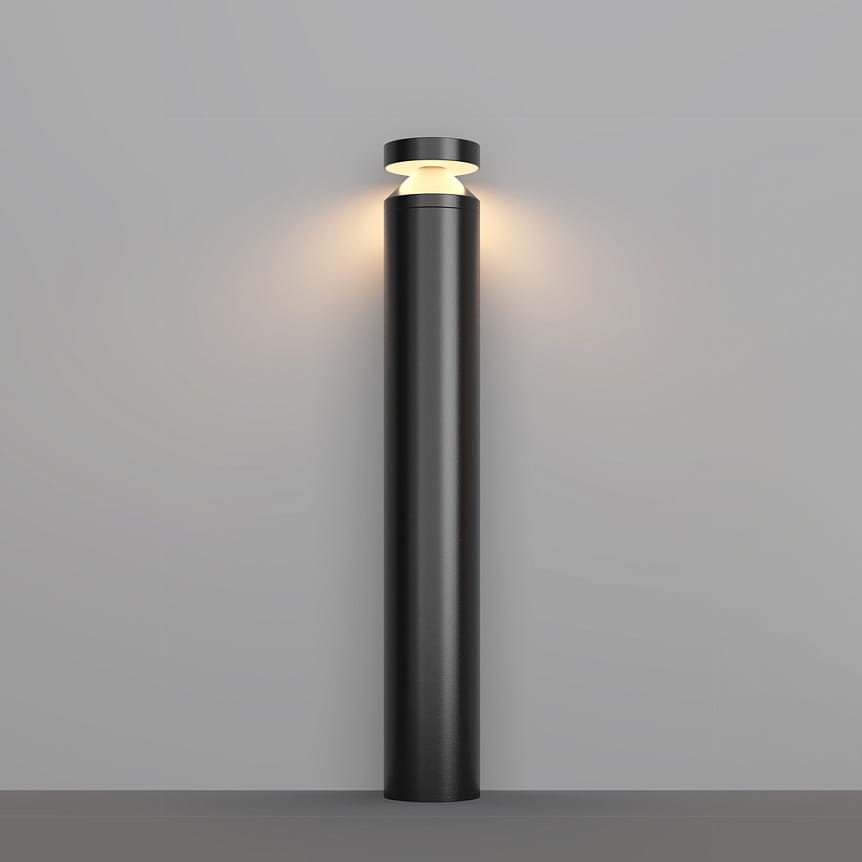 Grafitowa lampa ogrodowa LED Olten H80 o mocy 12W i temperaturze barwowej 3000K, w formie pionowego słupa z okrągłą górną częścią, emitująca ciepłe światło. Umieszczona na gładkiej powierzchni w jasnym tle.
