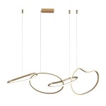 Lampa wisząca Fonte z czterema źródłami LED 60W CCT, o złotej, matowej konstrukcji. Składa się z organicznych, falistych kształtów, zawieszona na cienkich linkach. U góry prostokątna podsufitka w złotym odcieniu. Białe źródła światła.