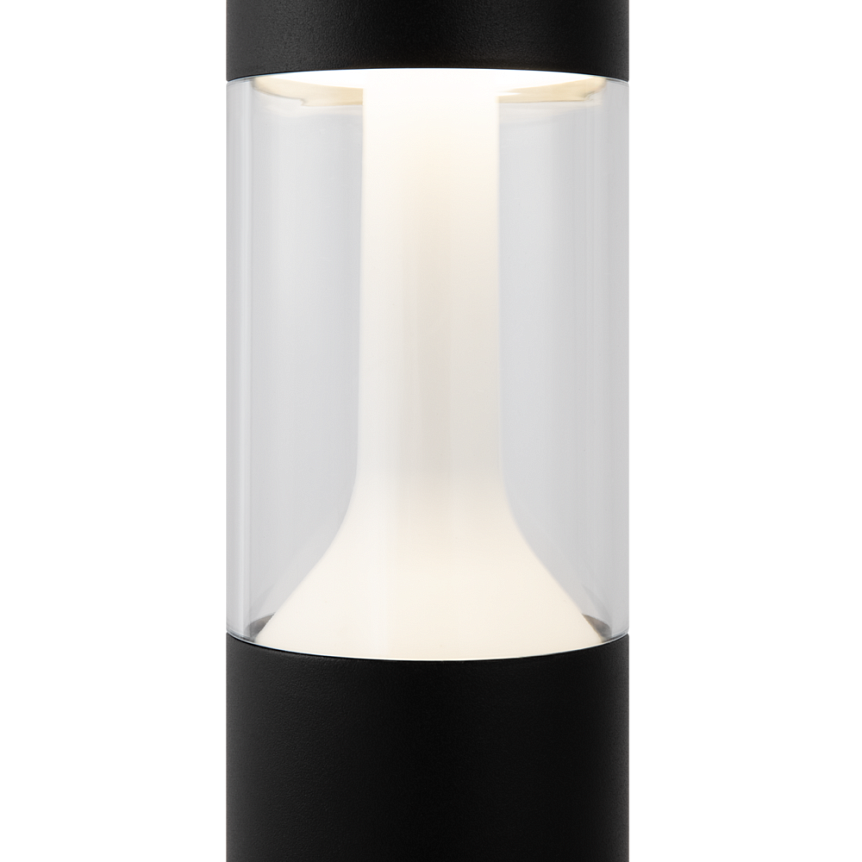 Czarna lampa ogrodowa Koln H45 LED 8W 4000K, o cylindrycznym kształcie. Górna część z przezroczystego tworzywa, emitująca ciepłe światło. Ujęcie frontalne, pokazujące detale konstrukcji i źródło światła.