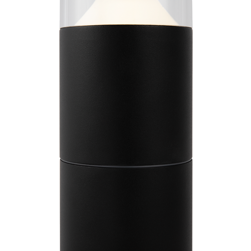 Czarna lampa ogrodowa LED Koln H45 o mocy 8W i temperaturze barwowej 4000K, w formie cylindrycznej, z przezroczystym kloszem u góry, prezentująca minimalistyczny design. Ujęcie z boku, skupiające się na detalu obudowy.