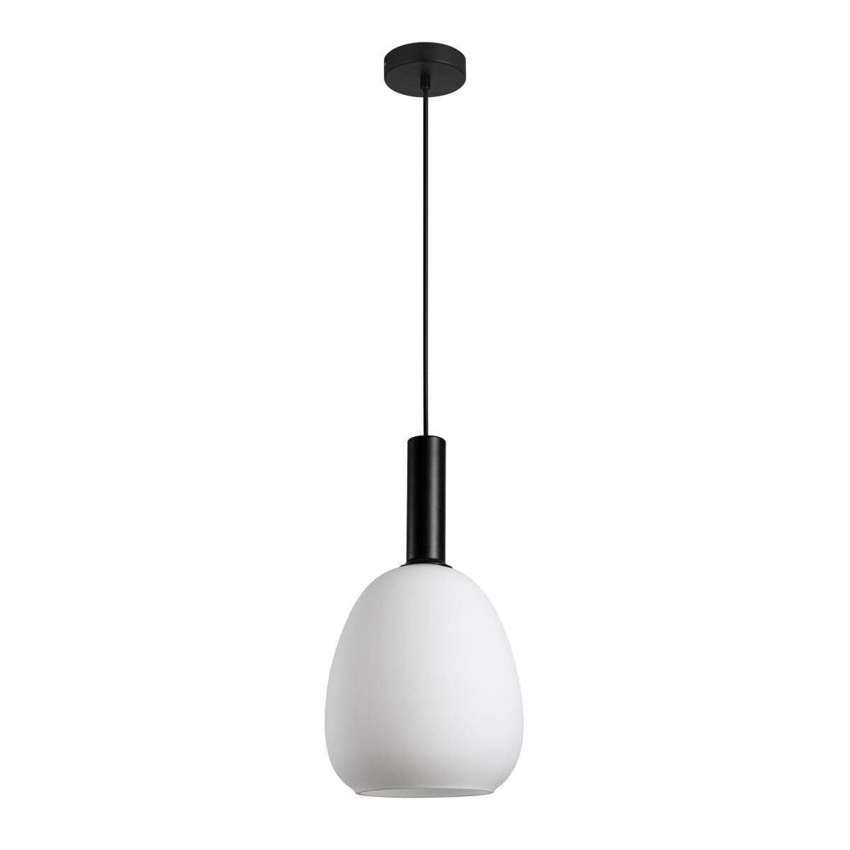 Lampa wisząca Gater z oprawą w kolorze czarnym i kloszem z matowego białego szkła. Posiada jedną oprawę E27, zawieszona na cienkim przewodzie. Kształt klosza przypomina jajko, co nadaje jej nowoczesny wygląd.