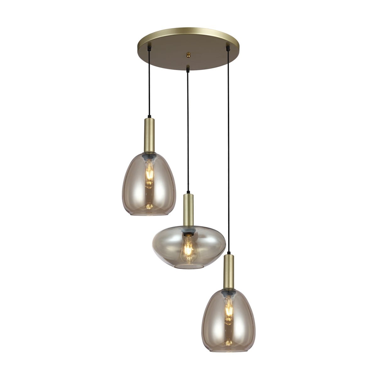 Lampa wisząca Gater 3xE27 w kolorze złotym szampańskim z trzema szklanymi kloszami w różnych kształtach. Klosze mają transparentną fakturę, zawieszone na cienkich linkach, montowane do okrągłej podstawy sufitowej.