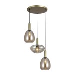 Lampa wisząca Gater 3xE27 w kolorze złotym szampańskim z trzema szklanymi kloszami w różnych kształtach. Klosze mają transparentną fakturę, zawieszone na cienkich linkach, montowane do okrągłej podstawy sufitowej.