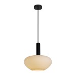 Lampa wisząca Gater 1xE27 w kolorze czarnym z białym kloszem o okrągłym kształcie. Produkt zawieszony na cienkim, czarnym przewodzie, z metalowym mocowaniem sufitowym. Klasyczny design, idealny do różnych aranżacji wnętrz.