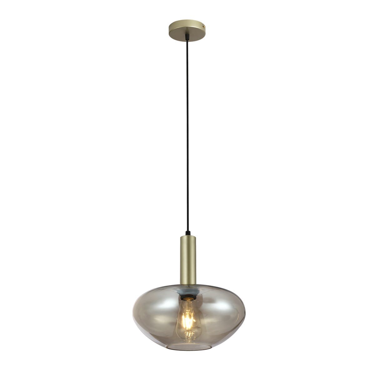 Lampa wisząca Gater 1xE27 w kolorze złotym szampańskim. Klosz w kształcie kulistym z przezroczystego szkła, zawieszony na czarnym przewodzie. Metalowy uchwyt w odcieniu złotym. Elegancka, nowoczesna forma, idealna do wnętrz.