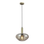 Lampa wisząca Gater 1xE27 w kolorze złotym szampańskim. Klosz w kształcie kulistym z przezroczystego szkła, zawieszony na czarnym przewodzie. Metalowy uchwyt w odcieniu złotym. Elegancka, nowoczesna forma, idealna do wnętrz.