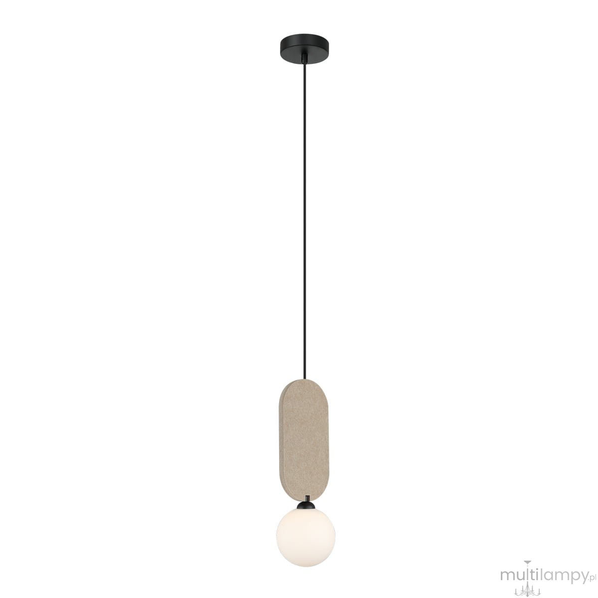 Lampa wisząca Lorenzo 1xG9 w kolorze czarnym i beżowym, z okrągłą, mleczną żarówką zawieszoną na długim, czarnym przewodzie. Elementy beżowe mają teksturowaną powierzchnię, a całość utrzymana jest w nowoczesnym stylu.