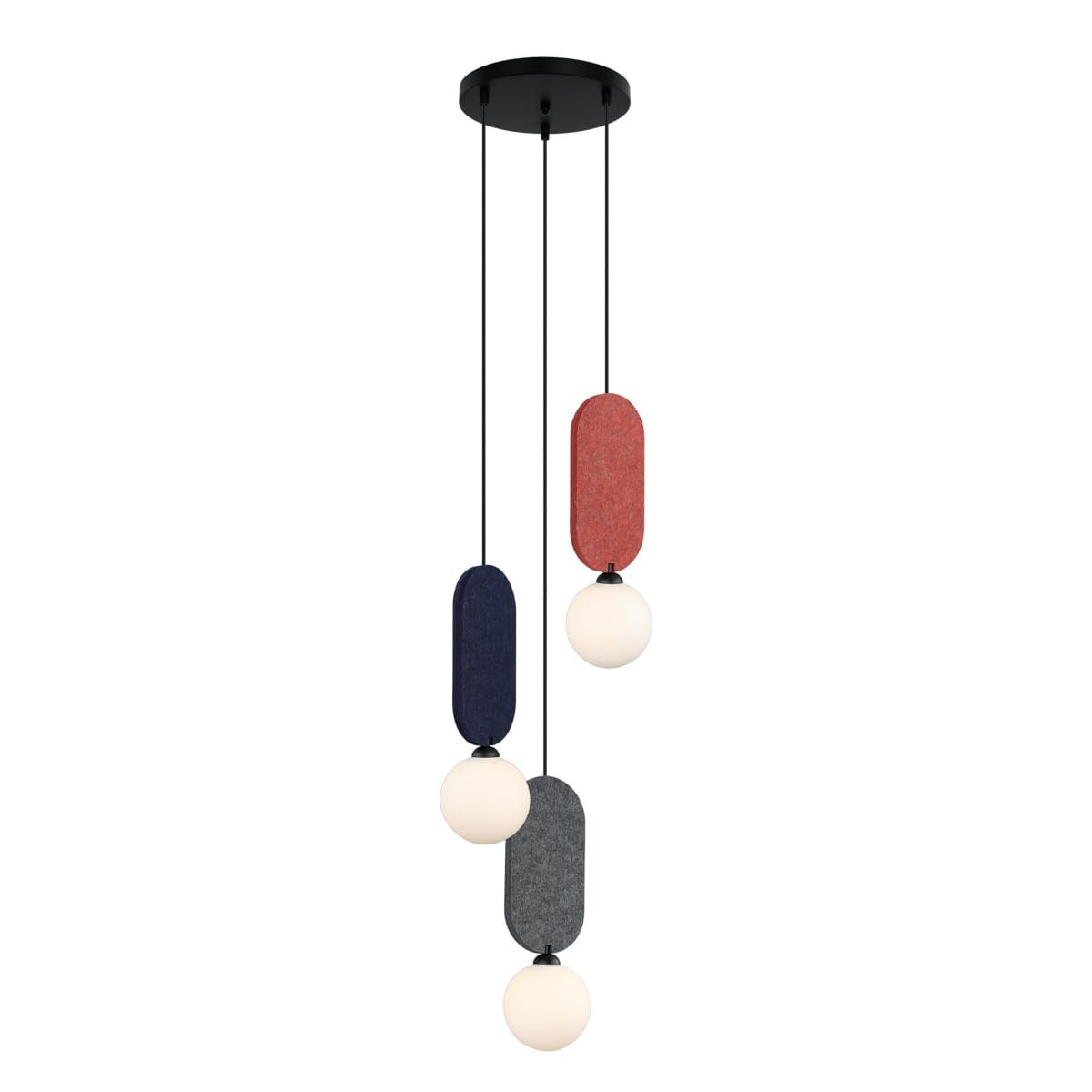 Lampa wisząca Lorenzo 3xG9 w kolorze czarnym z trzema okrągłymi kloszami w białym, ciemnoniebieskim i czerwonym kolorze, zawieszona na czarnych linkach. Kształt kloszy przypomina kule, a dekoracyjne elementy są w formie prostokątów z materiału.