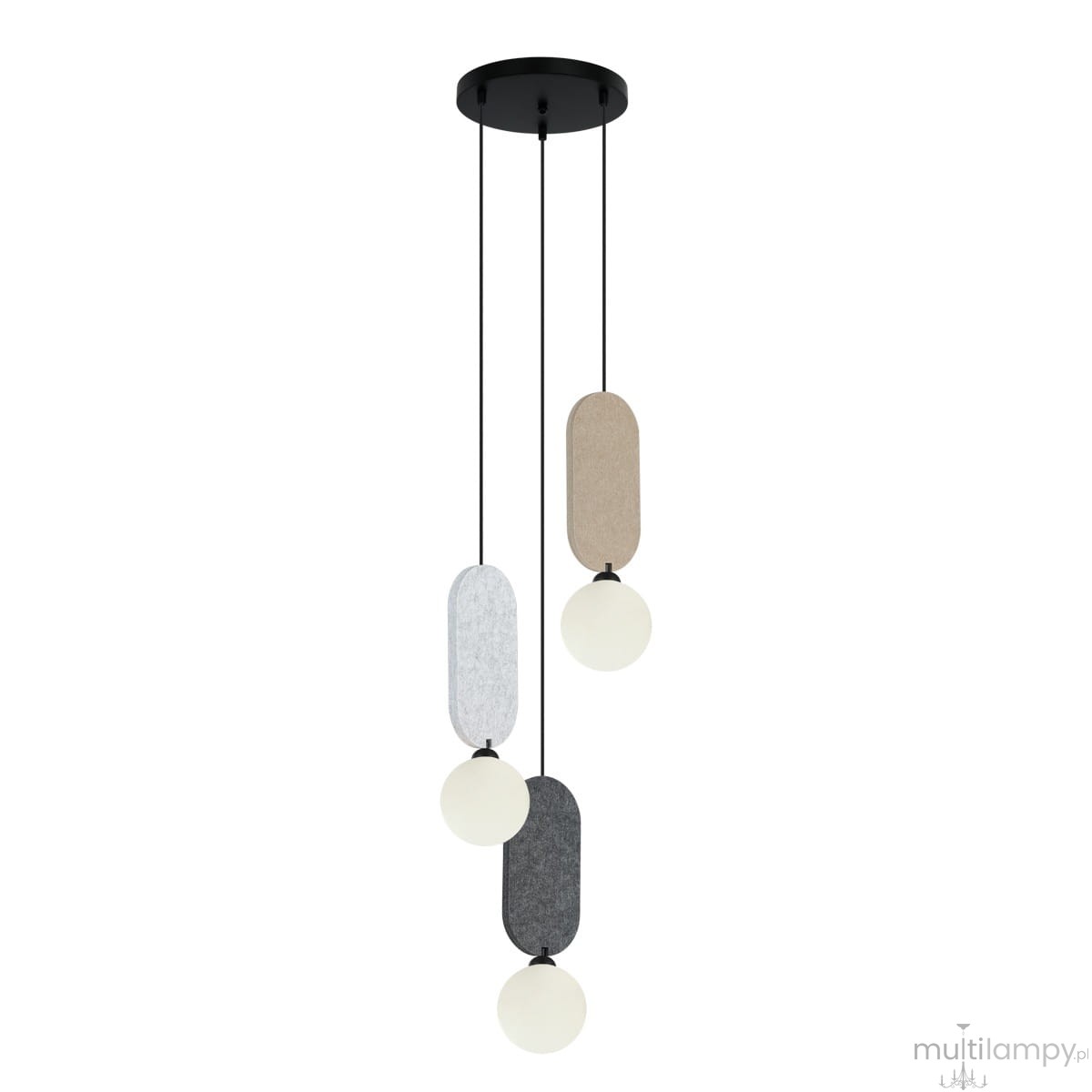 Lampa wisząca Lorenzo 3xG9 w kolorze czarnym z multikolorowymi ozdobnymi elementami w kształcie prostokątów. Wisi na trzech linkach, z trzema białymi kloszami, umieszczonymi w różnych wysokościach. Idealna do nowoczesnych wnętrz.