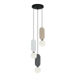 Lampa wisząca Lorenzo 3xG9 w kolorze czarnym z multikolorowymi ozdobnymi elementami w kształcie prostokątów. Wisi na trzech linkach, z trzema białymi kloszami, umieszczonymi w różnych wysokościach. Idealna do nowoczesnych wnętrz.