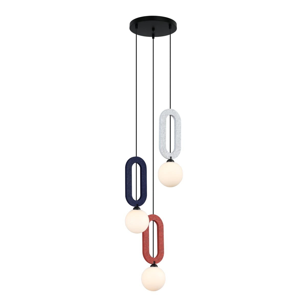 Lampa wisząca Masso 3xG9 w kolorze czarnym z trzema okrągłymi kloszami w białym kolorze, zawieszona na długich czarnych linkach. Klosze otoczone są multikolorowymi, prostokątnymi elementami w odcieniach granatu, czerwieni i szarości.