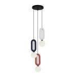 Lampa wisząca Masso 3xG9, czarna, z trzema okrągłymi kloszami w kolorze białym, zawieszona na czarnych linkach. Elementy dekoracyjne w kolorach granatowym, czerwonym i szarym w kształcie prostokątnych obręczy. Montaż sufitowy.