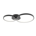Czarna lampa sufitowa Maver z dwoma okrągłymi kloszami LED (30W CCT), zamontowana na okrągłej podstawie. Klosze mają białe, matowe wykończenie. Ujęcie z dołu, ukazujące kształt i konstrukcję lampy.