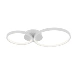 Lampa sufitowa Maver z dwoma okrągłymi kloszami LED o mocy 30W w kolorze białym. Montowana na suficie, z minimalistycznym designem, z widocznym osprzętem w centralnej części. Klosze emitują jasne, neutralne światło.
