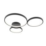 Maver lampa sufitowa 3xLED 30W CCT w kolorze czarnym, z trzema okrągłymi, płaskimi kloszami z białym wykończeniem, zamontowana na centralnej podstawie. Lampa wisząca, idealna do nowoczesnych wnętrz.