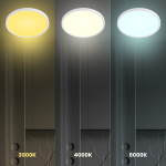 Plafon LED Maq D23 18W CCT w białej obudowie, prezentujący trzy różne temperatury barwowe światła: 3000K (ciepłe), 4000K (neutralne), 6000K (zimne), umieszczony na tle ciemnej powierzchni z subtelnymi wzorami.