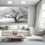 Plafon LED Maq D30 24W CCT w kolorze białym, okrągły, zamontowany na suficie w nowoczesnym, minimalistycznym wnętrzu. W tle widoczna szara ściana z obrazem drzew. Meble w jasnych kolorach, stół kawowy z akcesoriami.