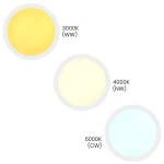 Plafon LED Maq D40 o mocy 32W w kolorze białym, przedstawiający trzy warianty temperatury barwowej: 3000K (ciepła biel), 4000K (neutralna biel) i 6000K (zimna biel). Okrągły kształt z białą ramką.