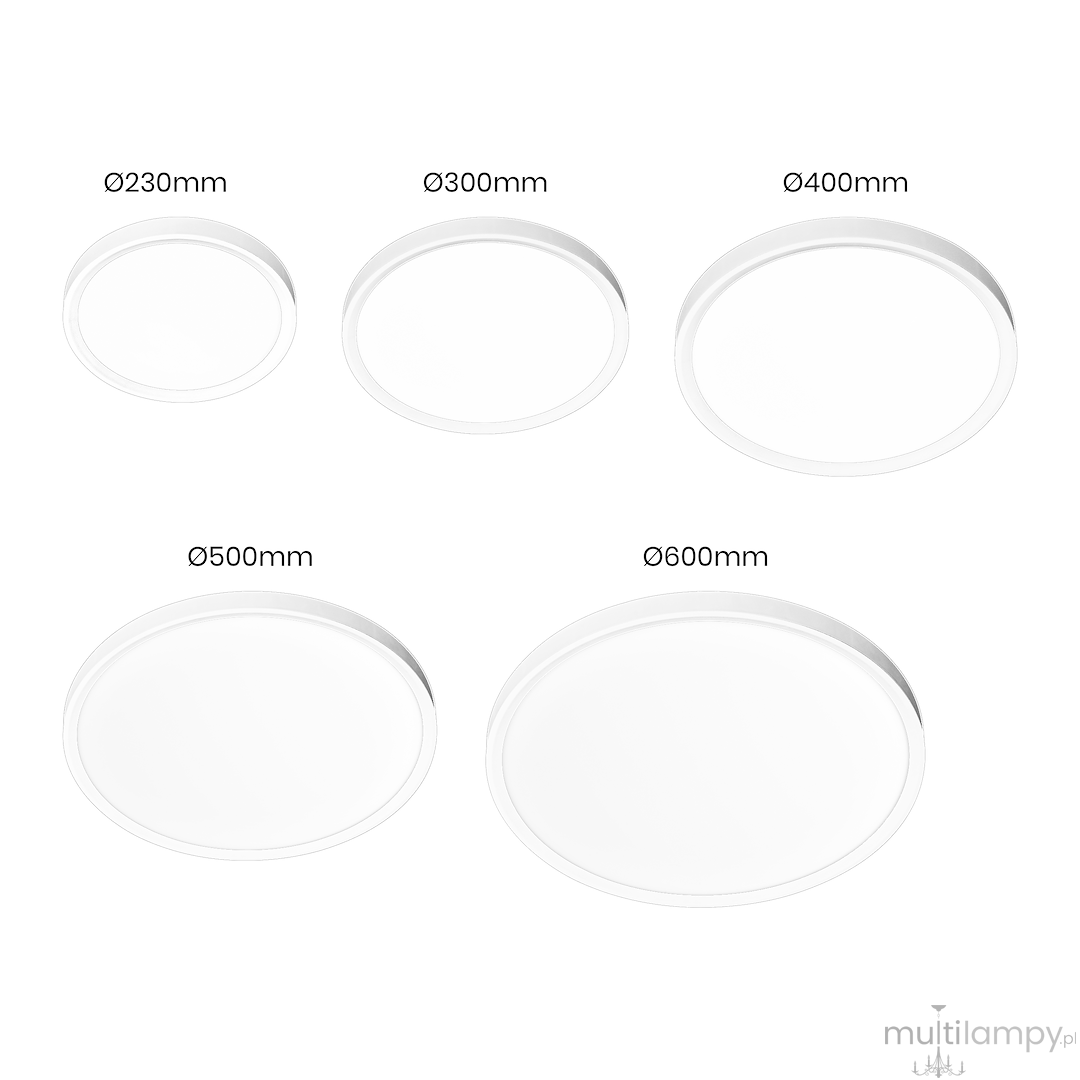 Plafon LED Maq D40 32W CCT w kolorze białym, dostępny w pięciu rozmiarach: Ø230mm, Ø300mm, Ø400mm, Ø500mm, Ø600mm. Okrągła, gładka konstrukcja, idealna do nowoczesnych wnętrz.