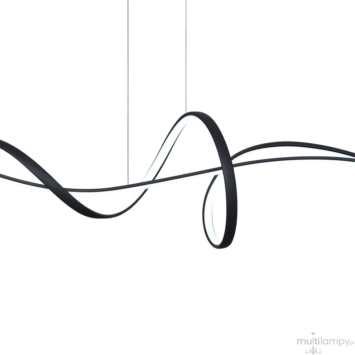 Lampa wisząca Mila w kolorze czarnym z jedną diodą LED 40W. Nowoczesny design z falującymi, cienkimi liniami, zawieszona na cienkich linkach. Efektowna forma idealna do nowoczesnych wnętrz, prezentująca elegancki styl.