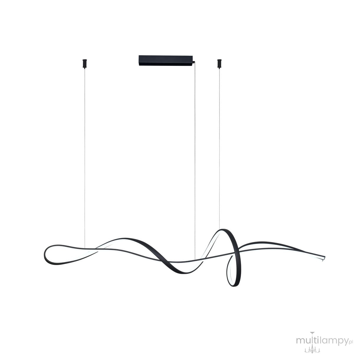 Lampa wisząca Mila 1xLED 40W CCT w kolorze czarnym, o nowoczesnym, falistym kształcie. Zawieszona na cienkich linkach, z prostokątną podstawą u góry, idealna do nowoczesnych wnętrz.