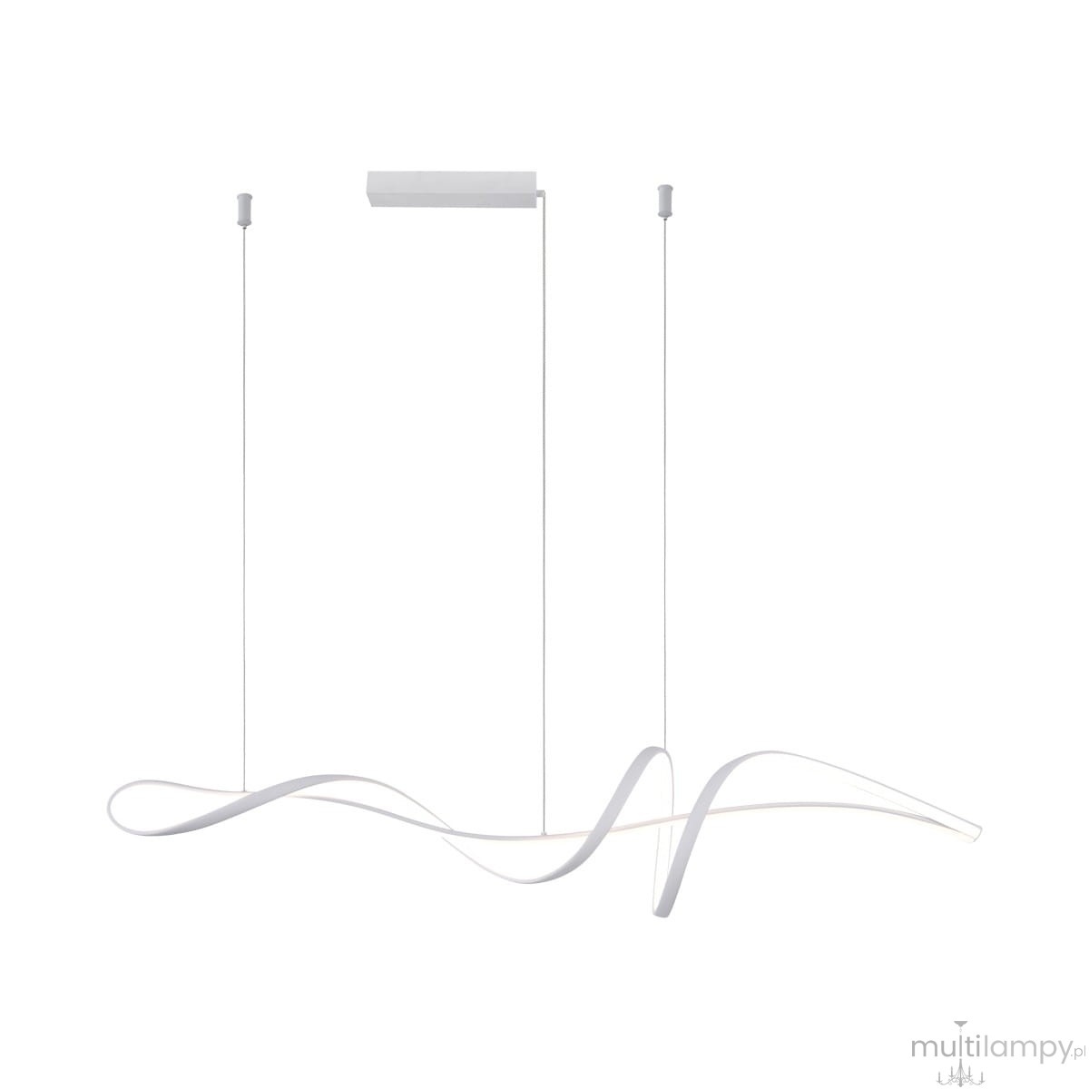 Lampa wisząca Mila 1xLED 40W CCT w białym kolorze, o nowoczesnym, falistym kształcie. Ujęcie frontalne, zawieszona na dwóch cienkich linkach. Elementy metalowe w kolorze białym, z płaskim mocowaniem sufitowym.