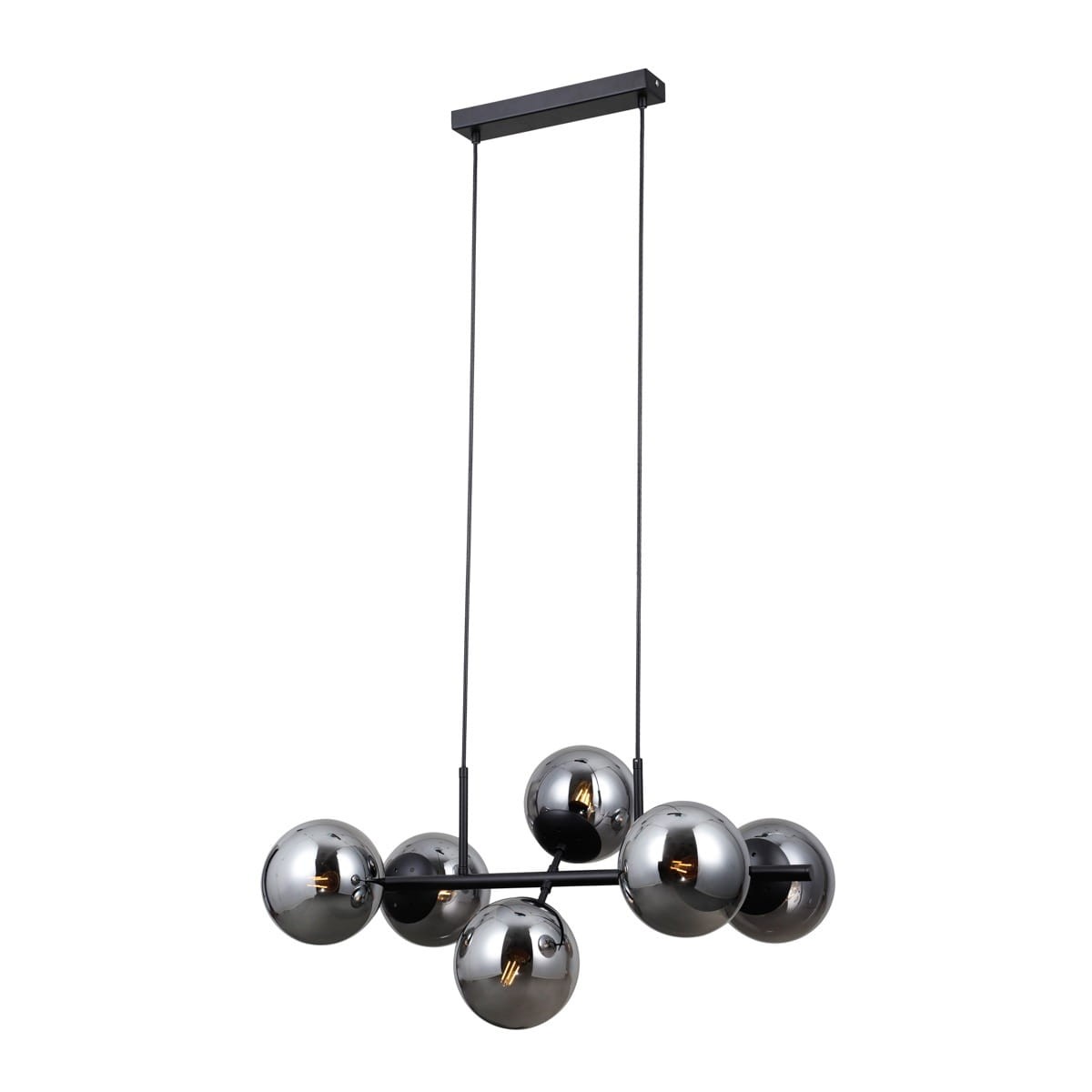 Lampa wisząca Molite z sześcioma oprawami E14, wykonana z czarnego metalu z dymionymi kulaami. Produkt wisi na dwóch cienkich linkach z prostokątnym mocowaniem sufitowym, prezentując nowoczesny, minimalistyczny design.