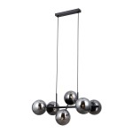 Lampa wisząca Molite z sześcioma oprawami E14, wykonana z czarnego metalu z dymionymi kulaami. Produkt wisi na dwóch cienkich linkach z prostokątnym mocowaniem sufitowym, prezentując nowoczesny, minimalistyczny design.