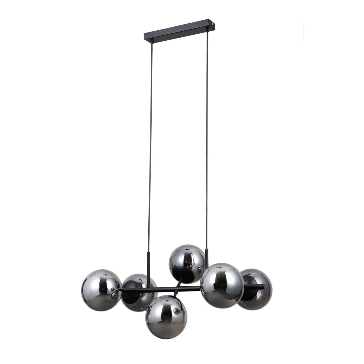 Lampa wisząca Molite z sześcioma oprawami E14, w kolorze czarnym z dymionymi, metalicznymi kulami. Posiada prostokątny sufitowy uchwyt i jest zawieszona na dwóch cienkich linkach, co nadaje nowoczesny wygląd.