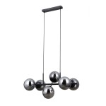 Lampa wisząca Molite z sześcioma oprawami E14, w kolorze czarnym z dymionymi, metalicznymi kulami. Posiada prostokątny sufitowy uchwyt i jest zawieszona na dwóch cienkich linkach, co nadaje nowoczesny wygląd.