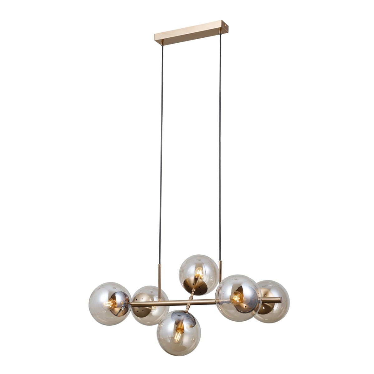 Lampa wisząca Molite z sześcioma oprawami E14, w kolorze złotym i bursztynowym. Posiada sześć okrągłych kloszy w kształcie kul, zawieszona na dwóch cienkich linkach, z prostokątnym mocowaniem sufitowym.