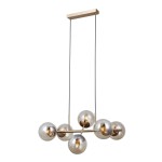 Lampa wisząca Molite z sześcioma oprawami E14, w kolorze złotym i bursztynowym. Posiada sześć okrągłych kloszy w kształcie kul, zawieszona na dwóch cienkich linkach, z prostokątnym mocowaniem sufitowym.
