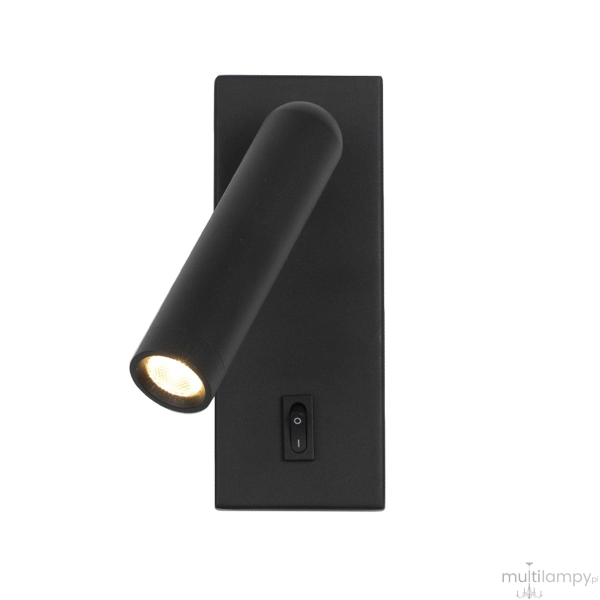 Kinkiet Nova z jedną diodą LED 2,5W w czarnym kolorze. Cylindryczny klosz skierowany w dół, zamontowany na prostokątnej podstawie. Z boku widoczny włącznik. Prosty, nowoczesny design, idealny do oświetlenia wnętrz.