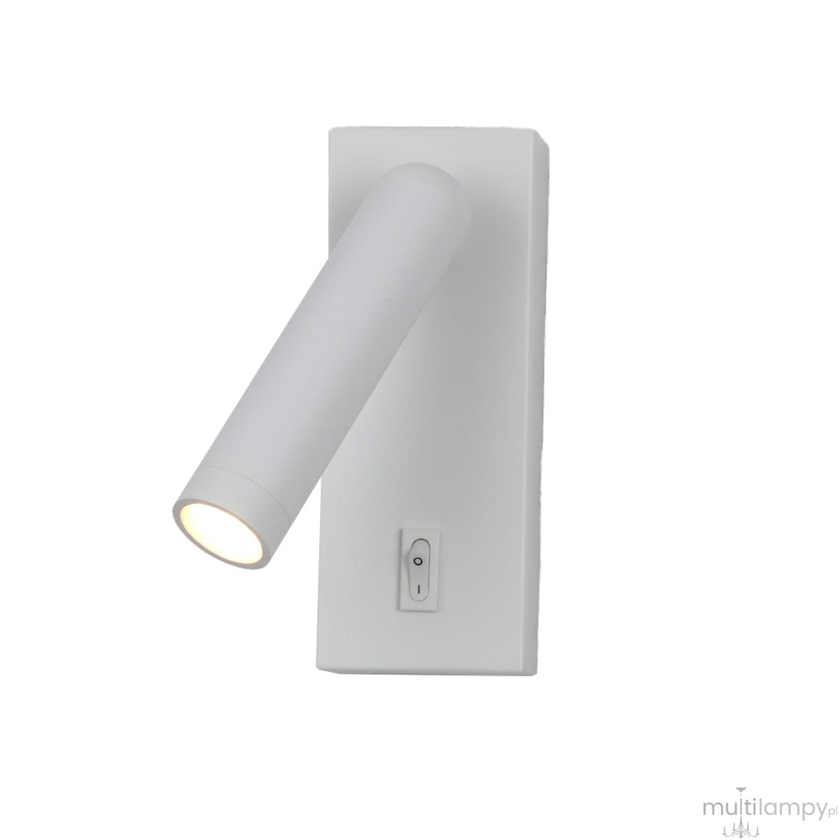Kinkiet Nova w kolorze białym z pojedynczym źródłem światła LED o mocy 2,5W. Lampa ma prosty, cylindryczny kształt z ruchomą głowicą, zamontowana na prostokątnej podstawie z włącznikiem.