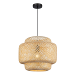Lampa wisząca Hestia z kloszem w kolorze bambusowym, o dekoracyjnej, ażurowej strukturze, zawieszona na czarnym przewodzie. Klosz ma kształt dwóch połączonych cylindrów, tworząc nowoczesny element oświetleniowy.