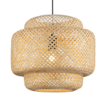 Lampa wisząca Hestia z czarnym przewodem, wykonana z bambusa, o okrągłym kształcie z plecionką. Wnętrze lampy jest jasne, co tworzy efektowne oświetlenie. Widoczna oprawka na żarówkę E27. Ujęcie z dołu, ukazujące detale konstrukcji.
