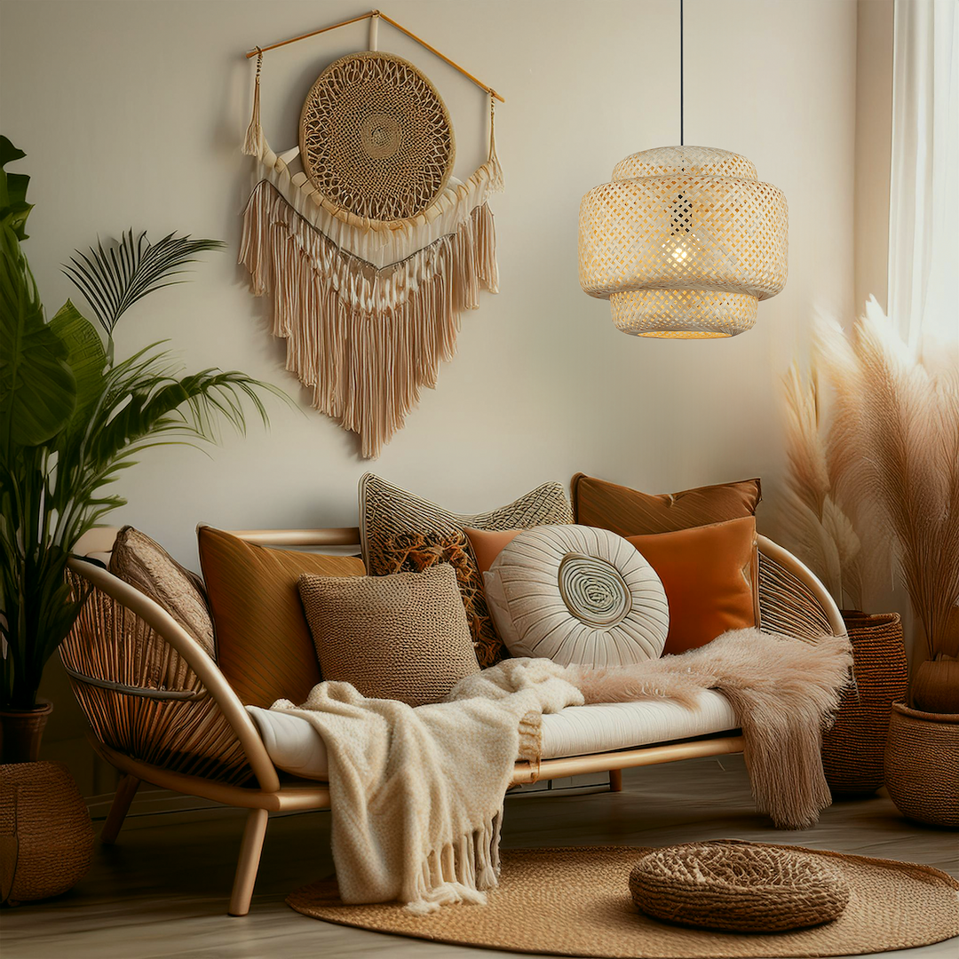 Lampa wisząca Hestia 1xE27 w kolorze czarnym i bambusowym, o okrągłym kształcie, zawieszona w jasnym wnętrzu z naturalnymi dekoracjami. W tle widoczna roślina, pleciona dekoracja ścienna i kanapa z poduszkami w odcieniach beżu i brązu.