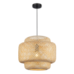 Lampa wisząca Hestia 1xE27 w kolorze czarnym z elementami bambusowymi. Okrągły klosz o plecionej strukturze, zawieszony na cienkim przewodzie. W tle widoczny czarny sufitowy uchwyt. Idealna do nowoczesnych wnętrz.