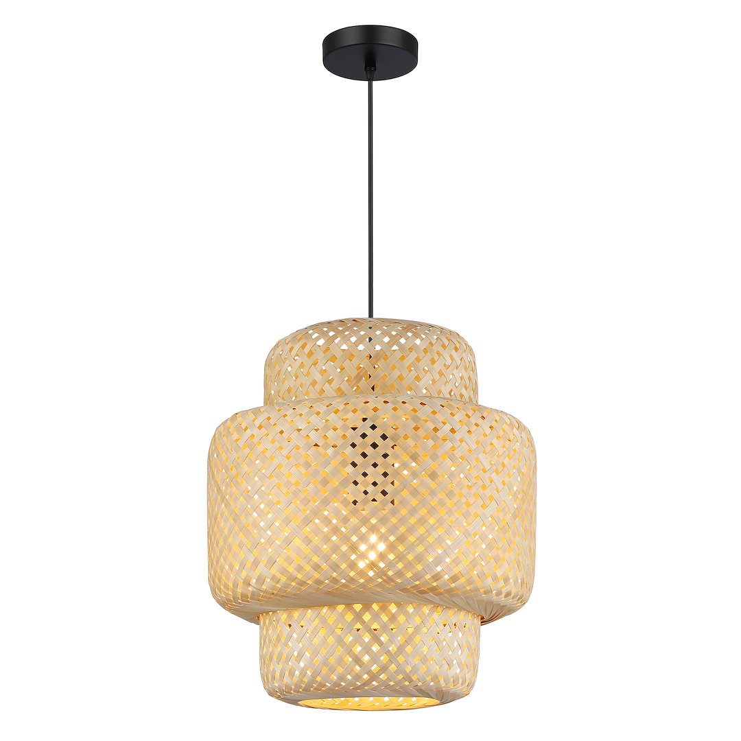 Lampa wisząca Hestia 1xE27 w kolorze czarnym i bambusowym, o konstrukcji z plecionki, składająca się z dwóch owalnych, nałożonych na siebie elementów. Zawieszona na cienkim kablu, idealna do nowoczesnych wnętrz.