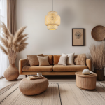 Lampa wisząca Hestia 1xE27 w czarnym kolorze z bambusowym kloszem, umieszczona w stylowym wnętrzu. Zawieszona nad kanapą, otoczona dekoracjami, dodaje ciepłego światła i naturalnego charakteru przestrzeni.