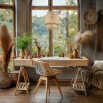 Lampa wisząca Hestia z czarnym metalowym stelażem i bambusowym kloszem, o okrągłym kształcie, zawieszona nad drewnianym biurkiem w jasnym wnętrzu, otoczona roślinami i dekoracjami w odcieniach brązu.