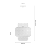 Lampa wisząca Hestia z abażurem w kształcie prostokąta, w kolorze czarnym z elementami bambusa. Wymiary: średnica 300 mm, wysokość 340 mm. Zawieszona na regulowanym przewodzie o długości 400-1000 mm. Idealna do nowoczesnych wnętrz.